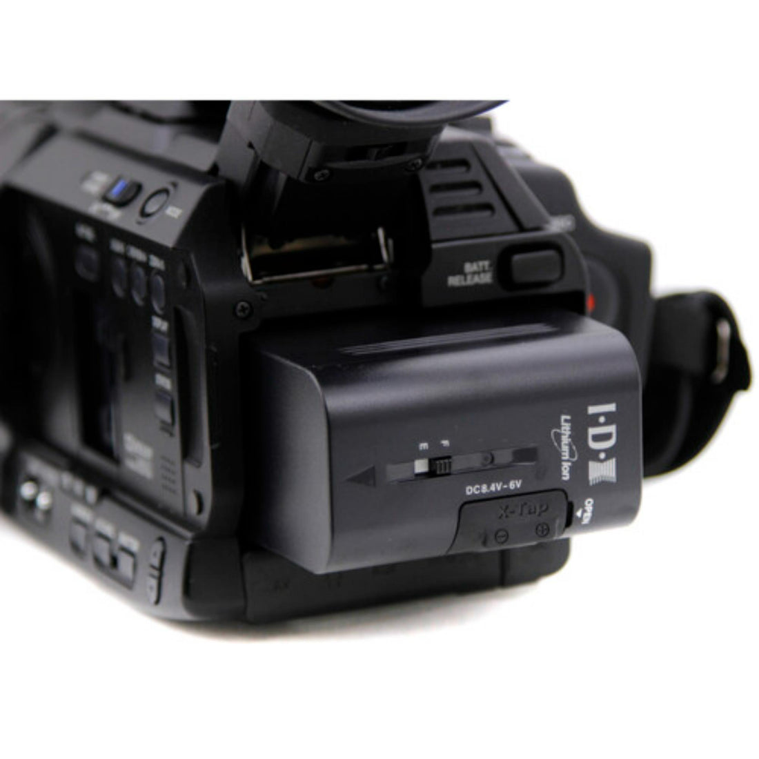 IDX System Technology SSL-JVC75 7350mAh battery mounted on a JVC camera, showcasing the high-capacity power source. – image 5