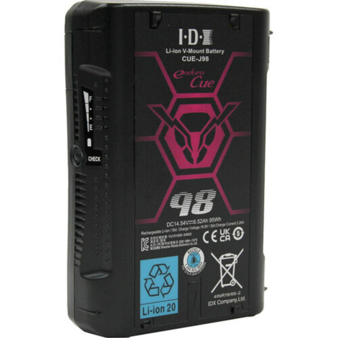 IDX System Technology CUE-J98 V-Mount battery with 95Wh capacity, shown from front right angle, featuring V-mount connector and display panel. – image 2