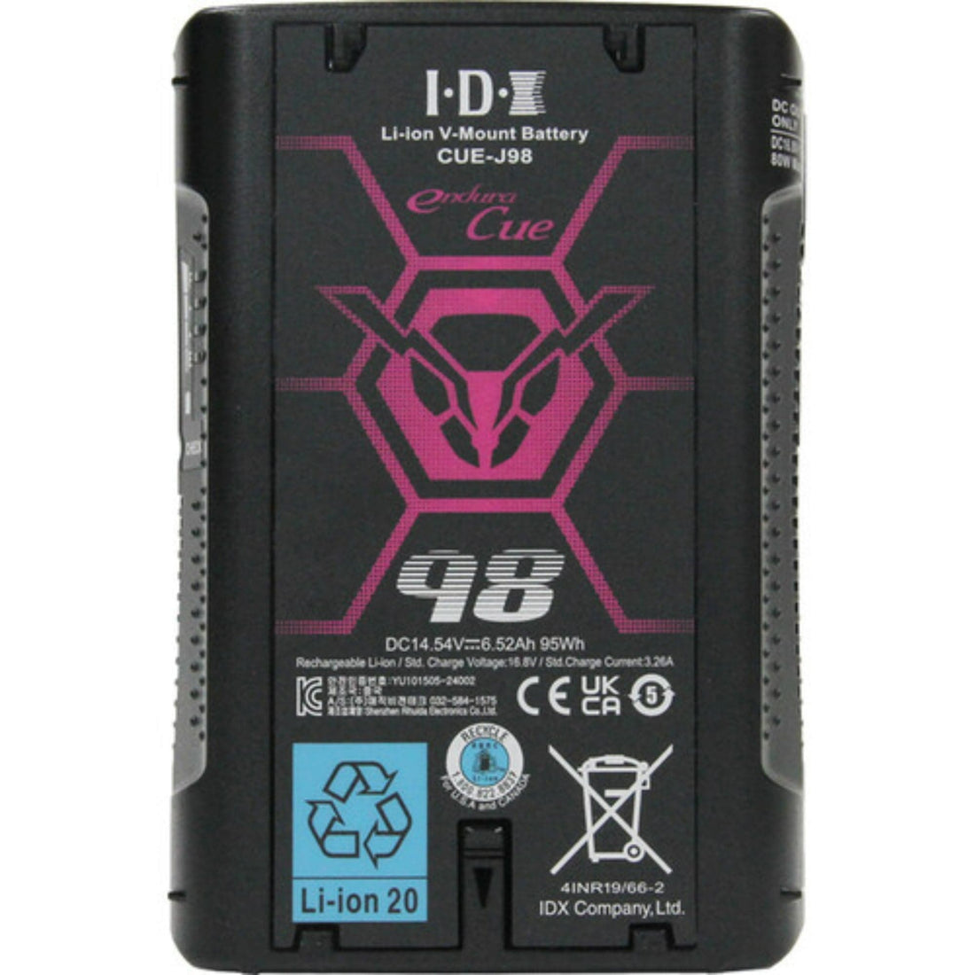 IDX System Technology CUE-J98 V-Mount Battery with 95Wh capacity, front view showing battery details and V-mount connector. – image 1