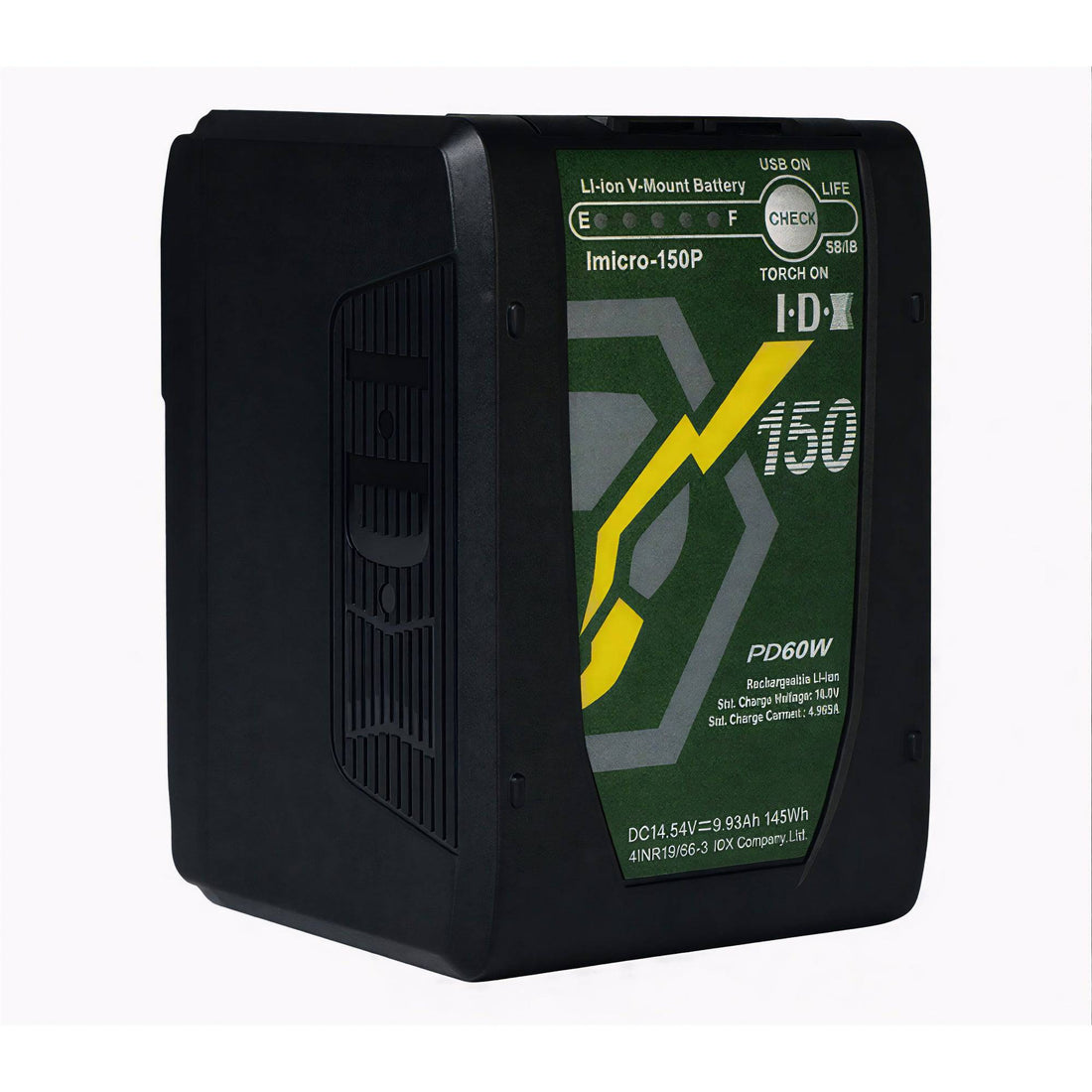IDX System Technology Imicro-150P 145Wh high-load lithium-ion mini V-mount battery for video cameras, front right view. – image 1