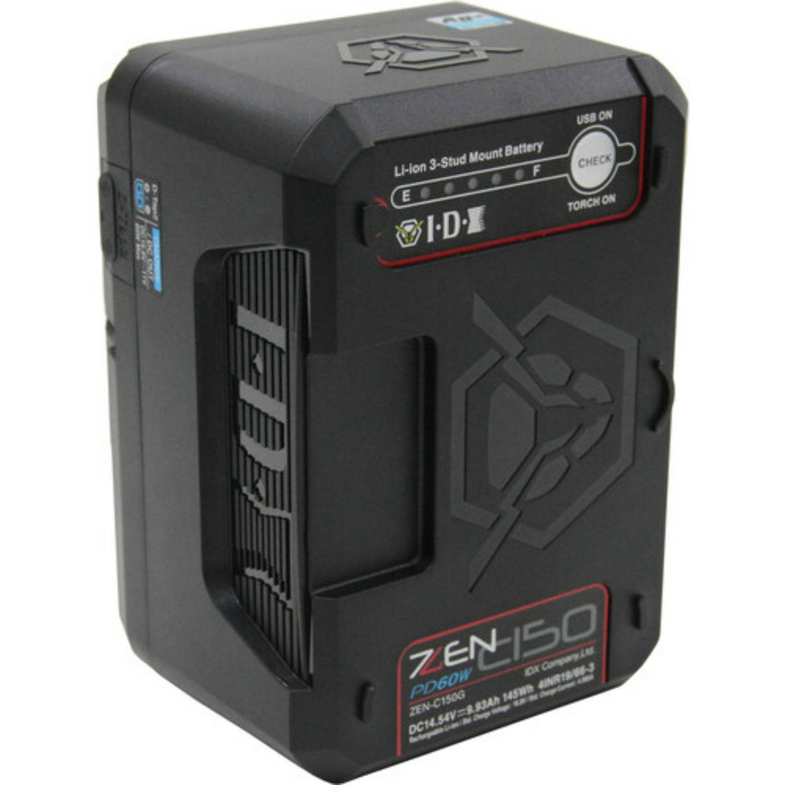 IDX System Technology ZEN-C150G lithium-ion battery with 145Wh capacity, USB-C, D-Tap ports, shown from front right view. – image 2