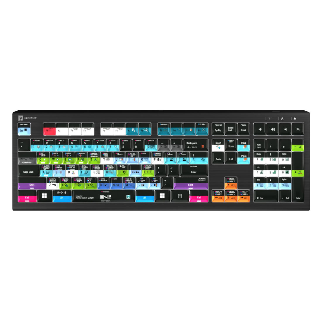 LogicKeyboard Autodesk Maya ASTRA2 PC US keyboard with labeled keys for Maya 3D modeling software, black with color-coded function keys. – image 1
