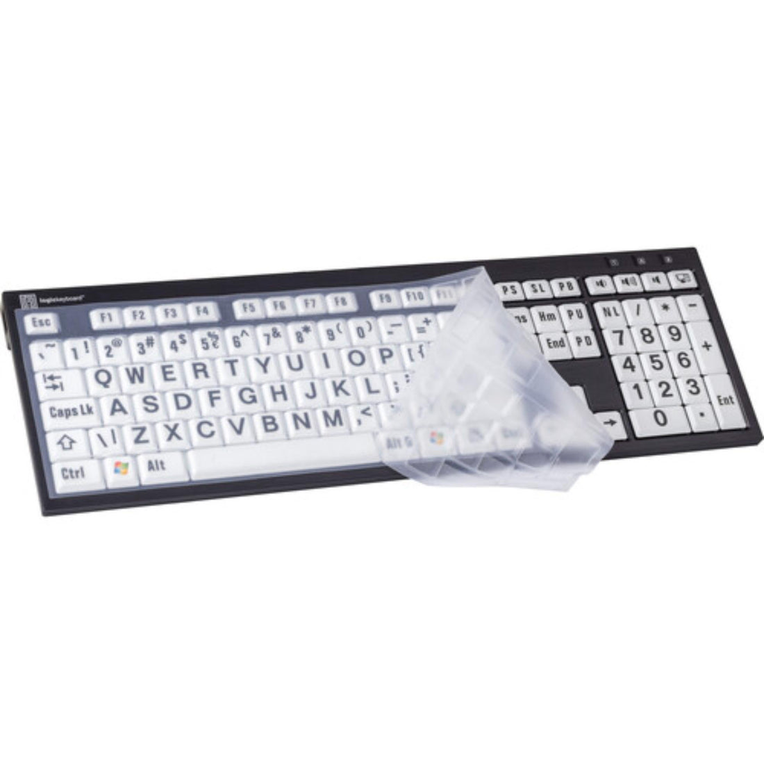 LogicKeyboard Clear Silicone Skin SlimLine keyboard cover for PC, transparent silicone material, shown on a computer keyboard. – image 1