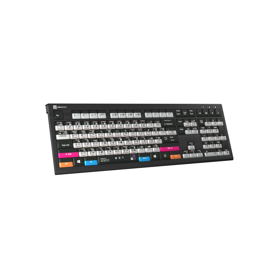 LogicKeyboard Adobe Filmmaker PR+AE ASTRA2 PC US keyboard viewed from left perspective with dark keys and labeled shortcuts. – image 2