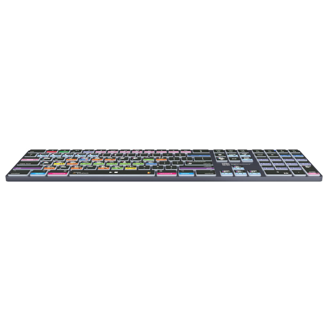 LogicKeyboard FL Studio TITAN Mac US keyboard shown from bottom perspective, featuring colorful keys and Mac-specific layout. – image 4