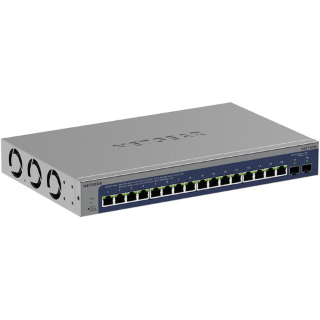 Front left view of Netgear XS516TM 16-port 10G managed network switch showing ports and LED indicators. – image 1