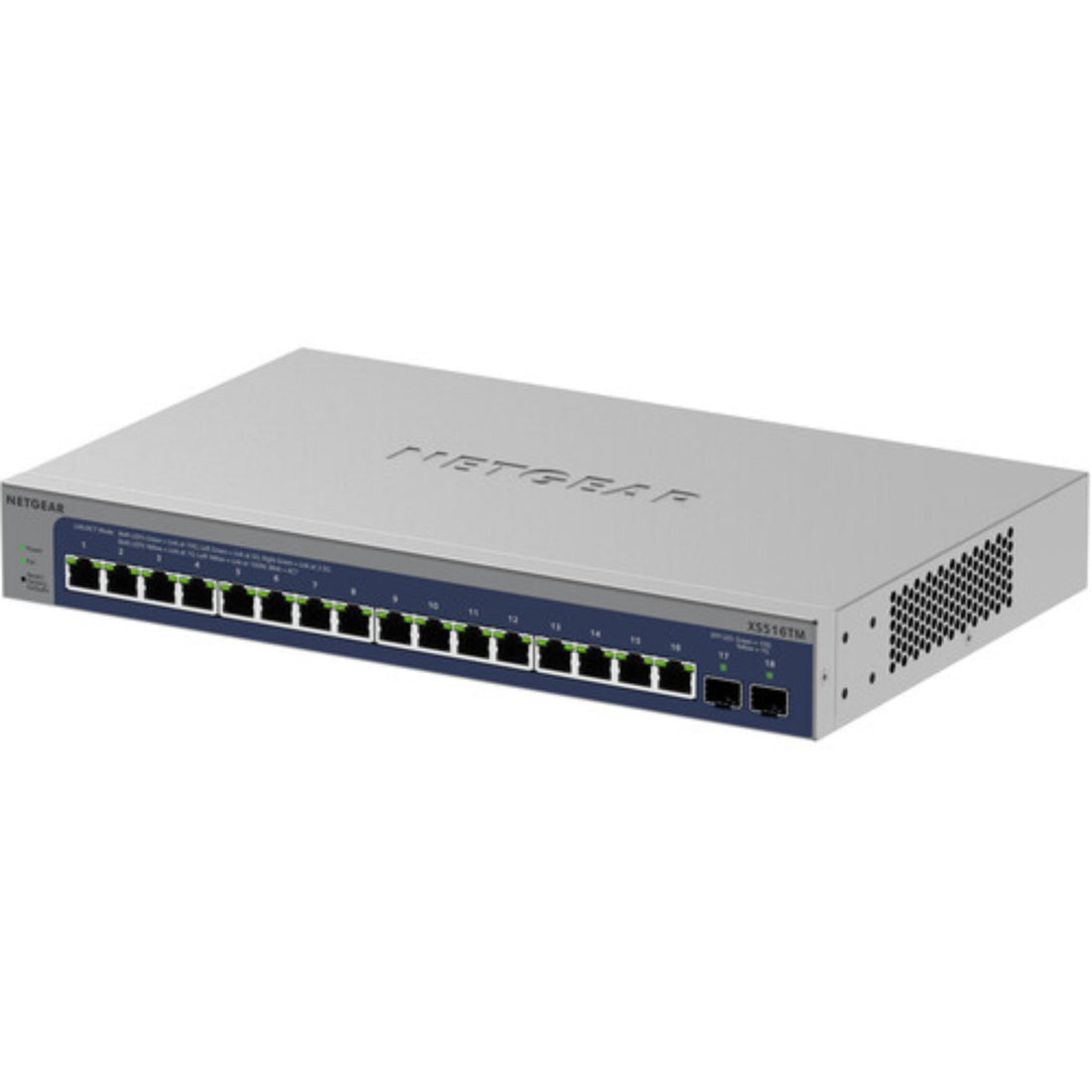 Front perspective of the Netgear XS516TM 16-port 10G managed network switch showing ports and LED indicators. – image 3