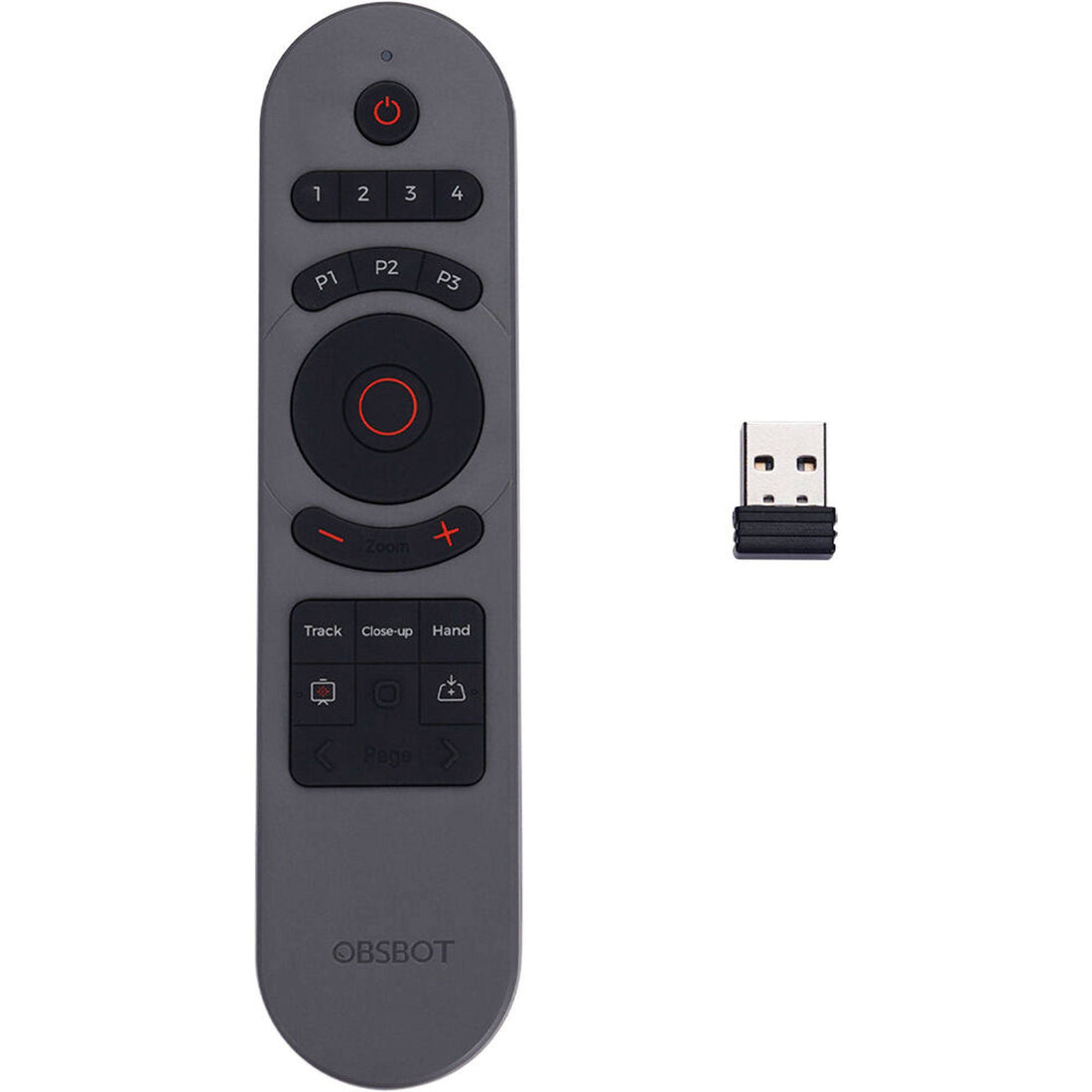 The OBSBOT Tiny Smart Remote 2 shown with its USB receiver, used to connect the remote to a computer for camera and presentation control. – image 2