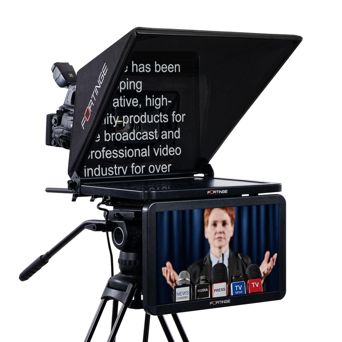 Fortinge PX-15 PROX 15-inch studio teleprompter with SDI input and output, mounted on a professional camera setup. – image 5