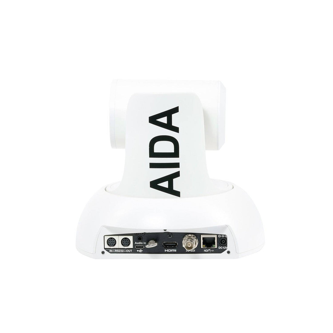AIDA Imaging Full HD NDI HX3 PTZ camera in white with 20x optical zoom, showing lens and camera body from the back. – image 2