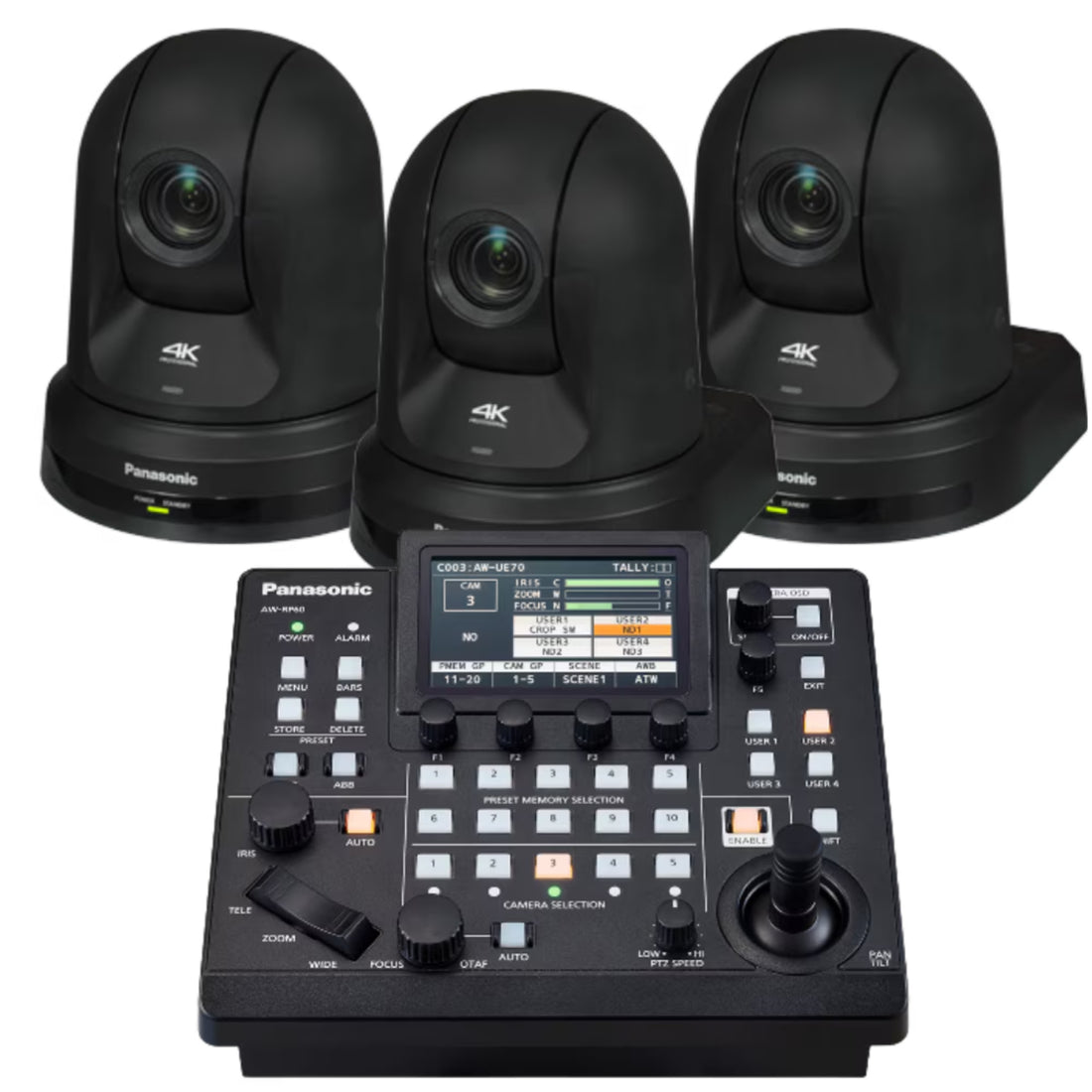 Panasonic 3x AW-UE50 PTZ camera in black with AW-RP60 remote controller for professional video streaming and broadcasting. – image 1
