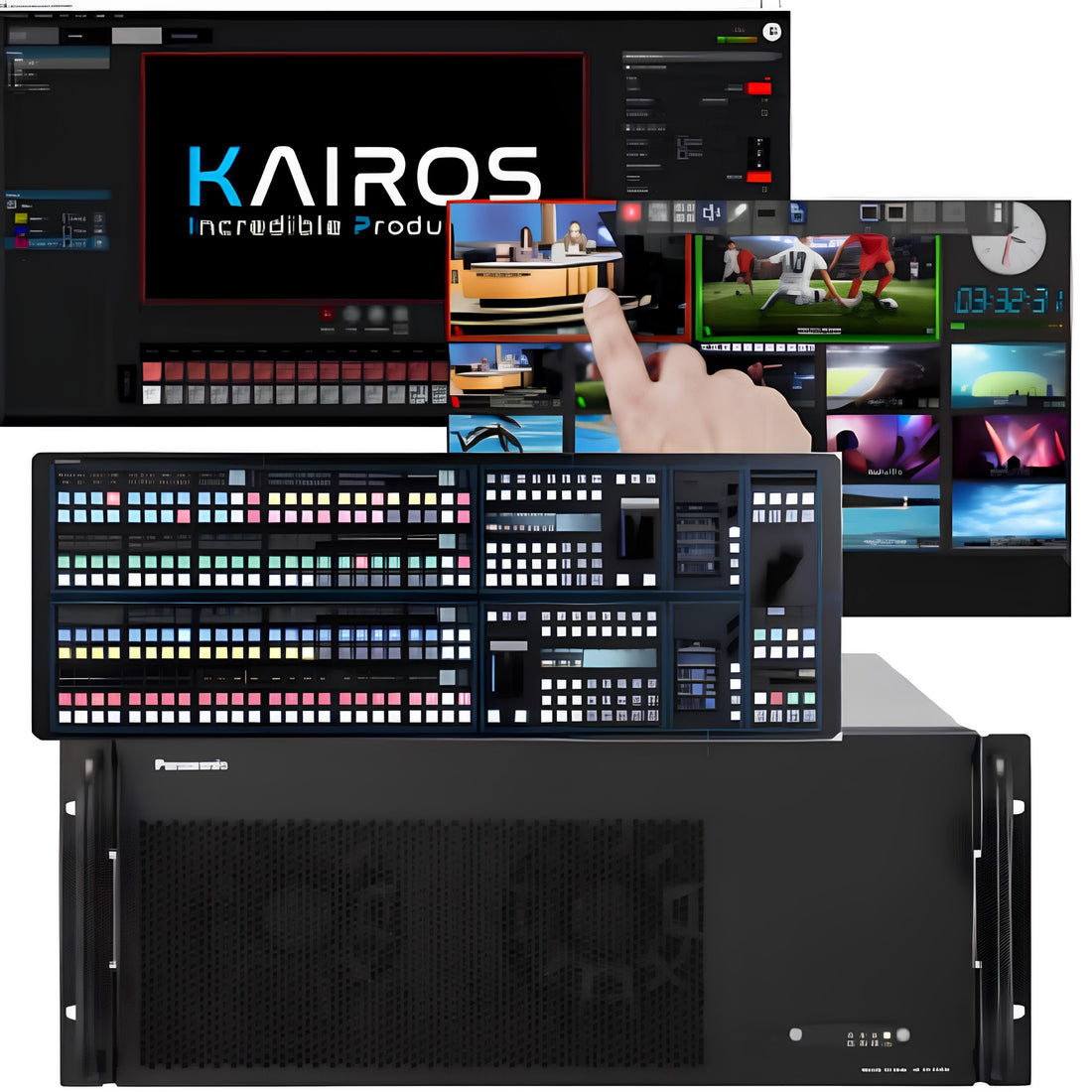Panasonic Connect KC2000PS1 Ultimate Kit production switcher with multiple control panels and connectors for professional video mixing. – image 1