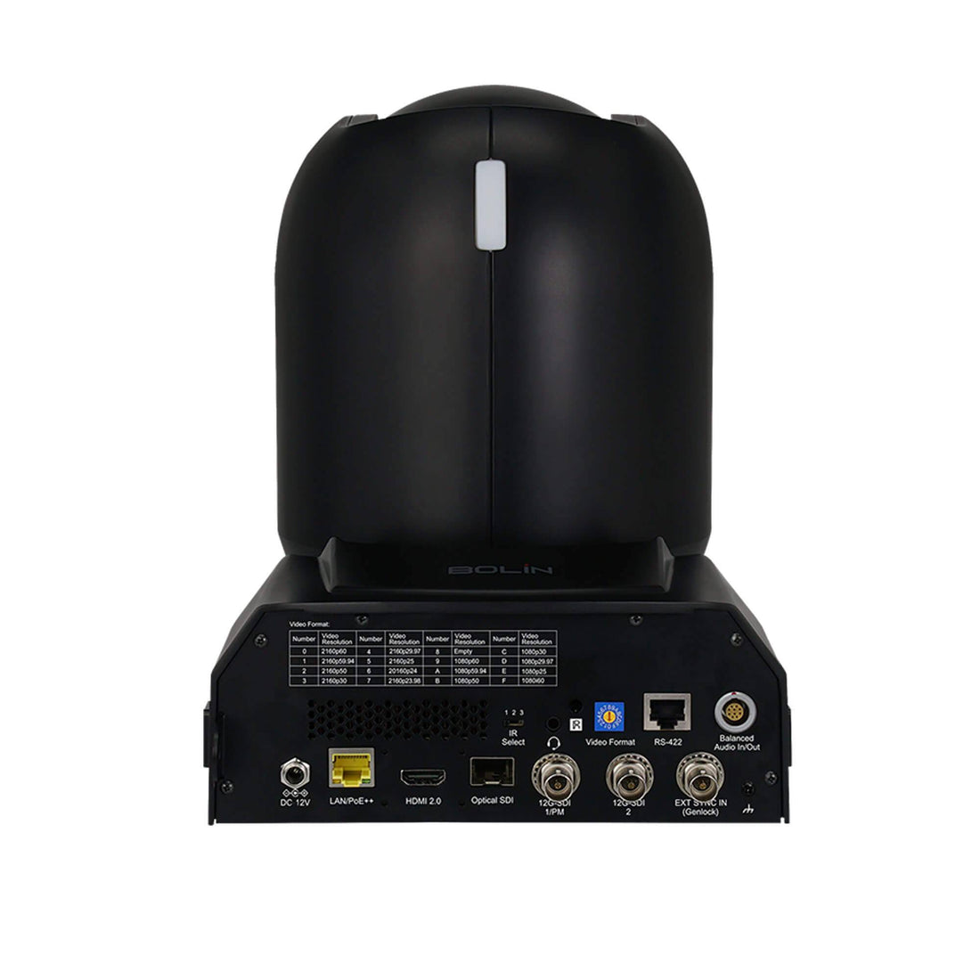 Rear view of Bolin Technology R9-420N 4K60 NDI PTZ camera in black, showing connection ports and camera body. – image 2