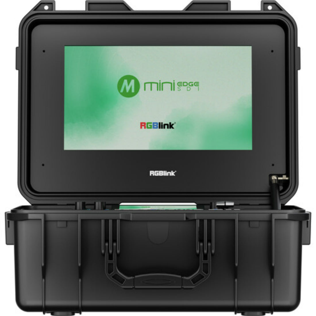 RGBlink mini-edge-4S portable video switcher with built-in 14-inch monitor display showing HDMI and SDI input options. – image 2