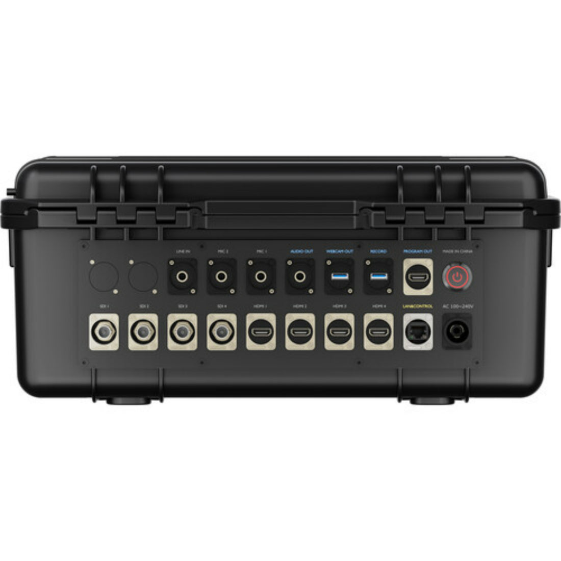 RGBlink mini-edge-4S portable video switcher in a case, angled rear view showing HDMI and SDI input ports and controls. – image 5