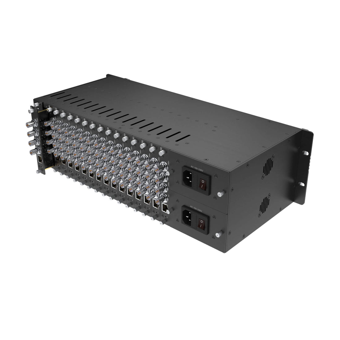 Kiloview RU03S 32-channel rackmount streaming encoder frame with dual 300W power supplies, 3RU height, and dual-channel cards. – image 3
