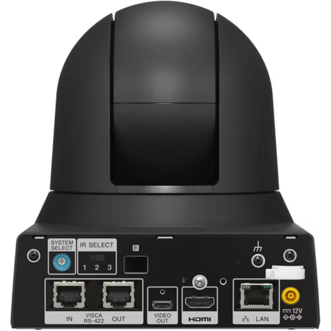Rear view of Sony SRG-X40UH 4K30P PTZ camera with 20x optical zoom in black, showing connection ports and control panel. – image 2