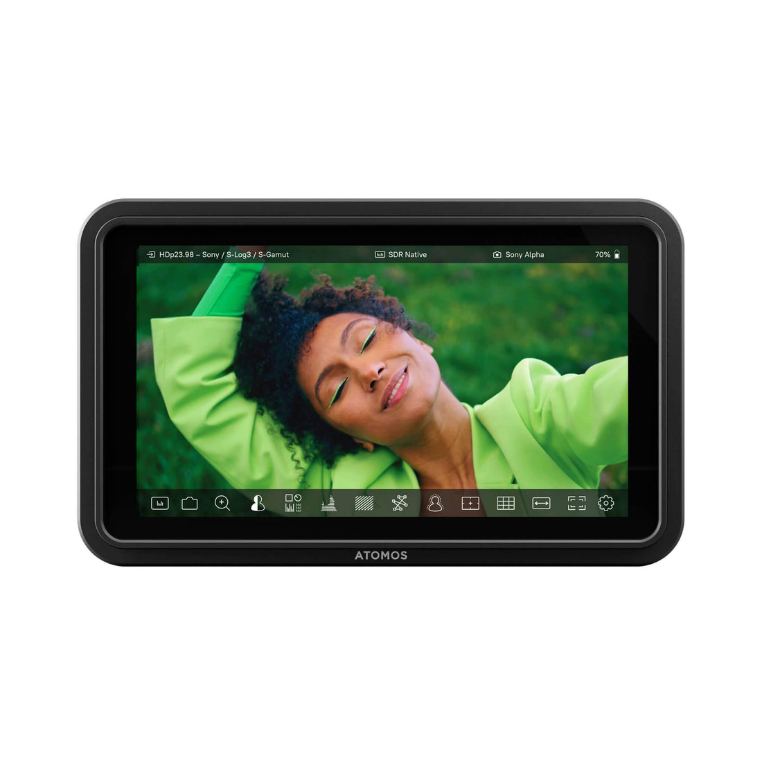 Atomos Shinobi II 5.2-inch HDMI HDR on-camera monitor showing a bright screen with user interface and control buttons. – image 1