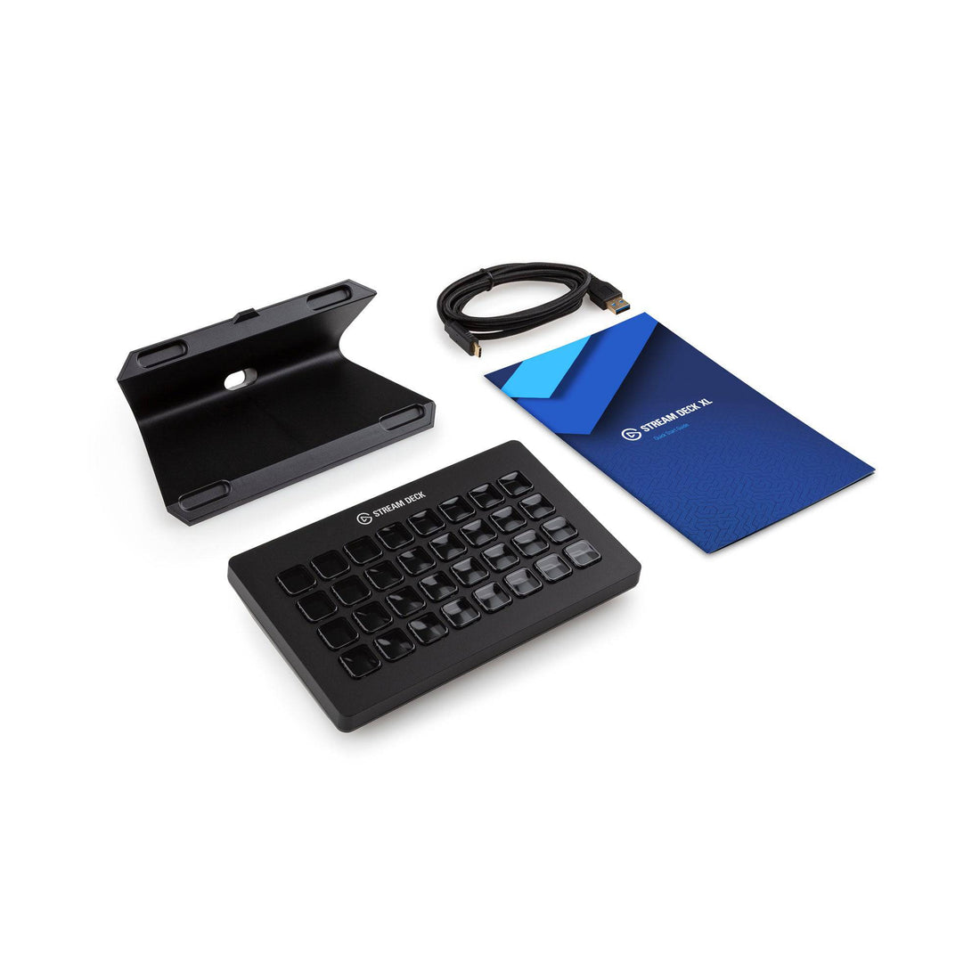 Elgato Stream Deck XL, USB cable, and blue pouch on a white background – image 6