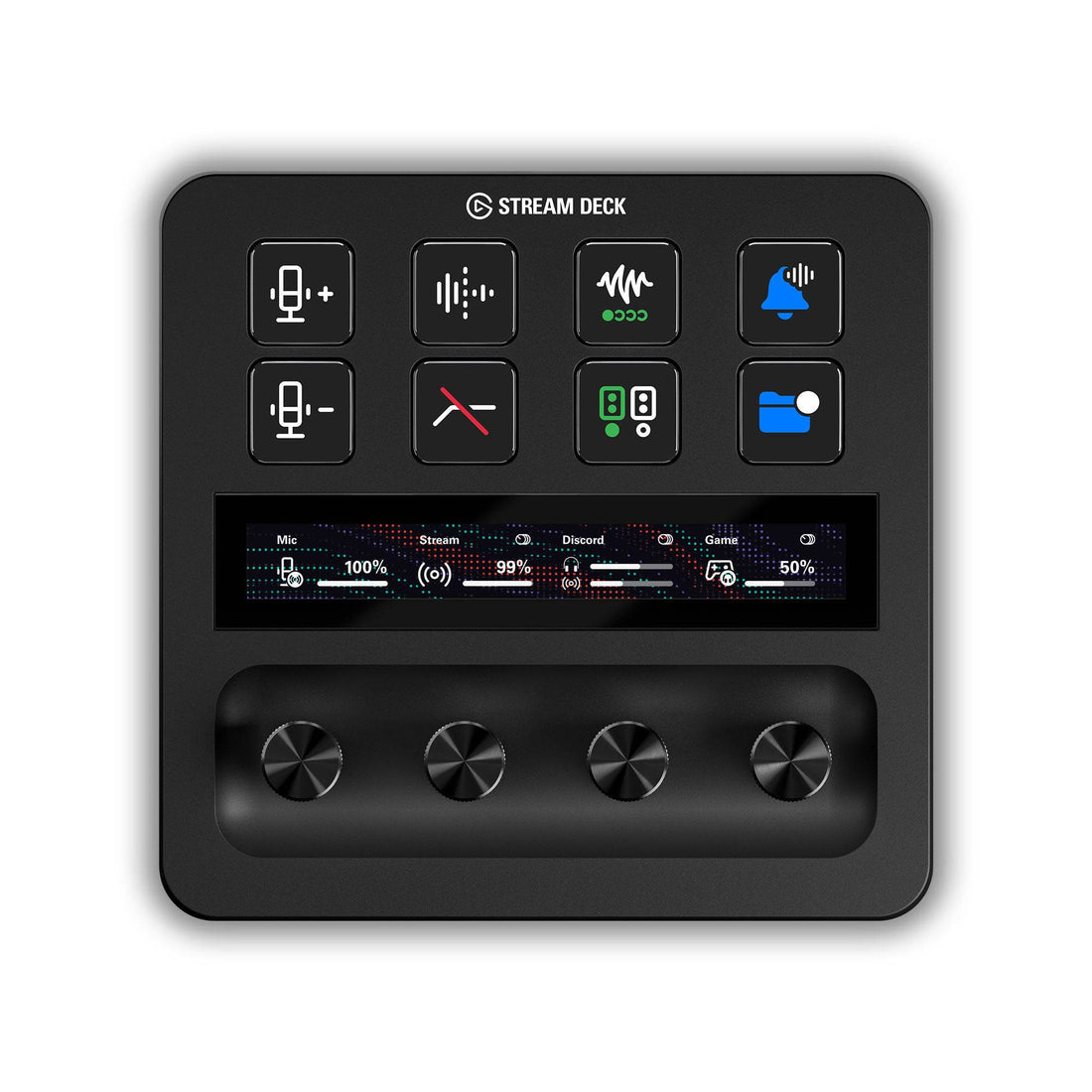 Elgato Stream Deck+ edit controller with customizable buttons and Wave Link interface, shown in transparent background. – image 1