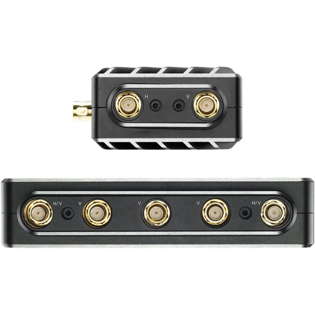 Teradek Bolt 6 LT 750 wireless video transmitter and receiver kit with gold mount, showing top view of device and connections. – image 8