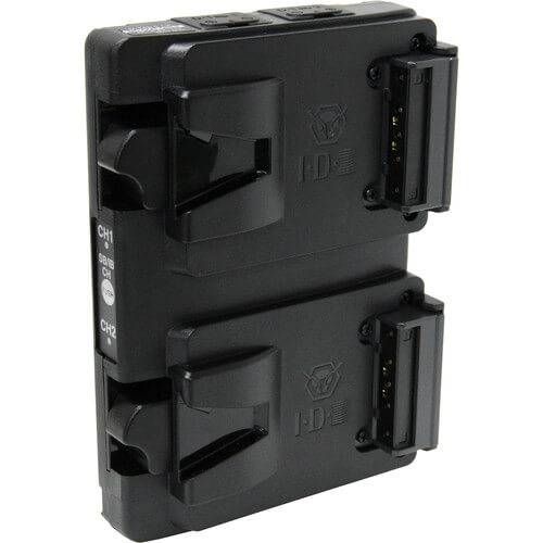 IDX System Technology A-Vmicro2 dual V-mount hot-swap plate for Imicro batteries, shown with V-mount connectors on a video camera. – image 1
