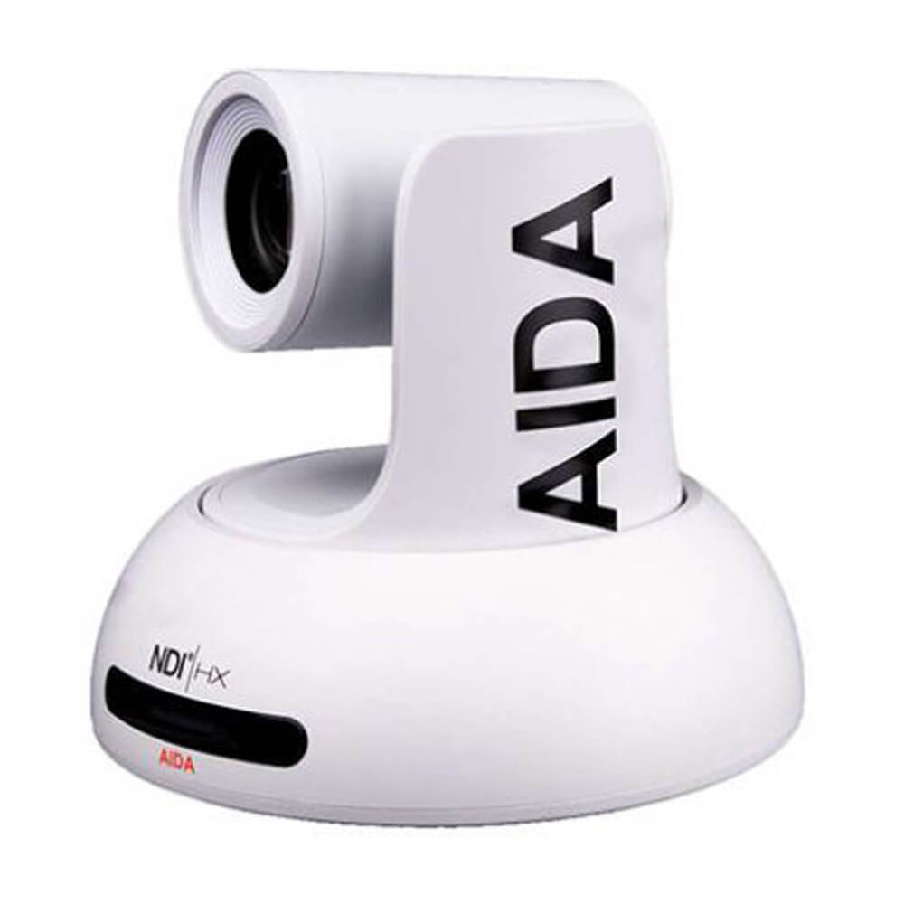 AIDA Imaging NDI-X18W Full HD NDI|HX PTZ camera in white, showing lens and camera body with control buttons. – image 1