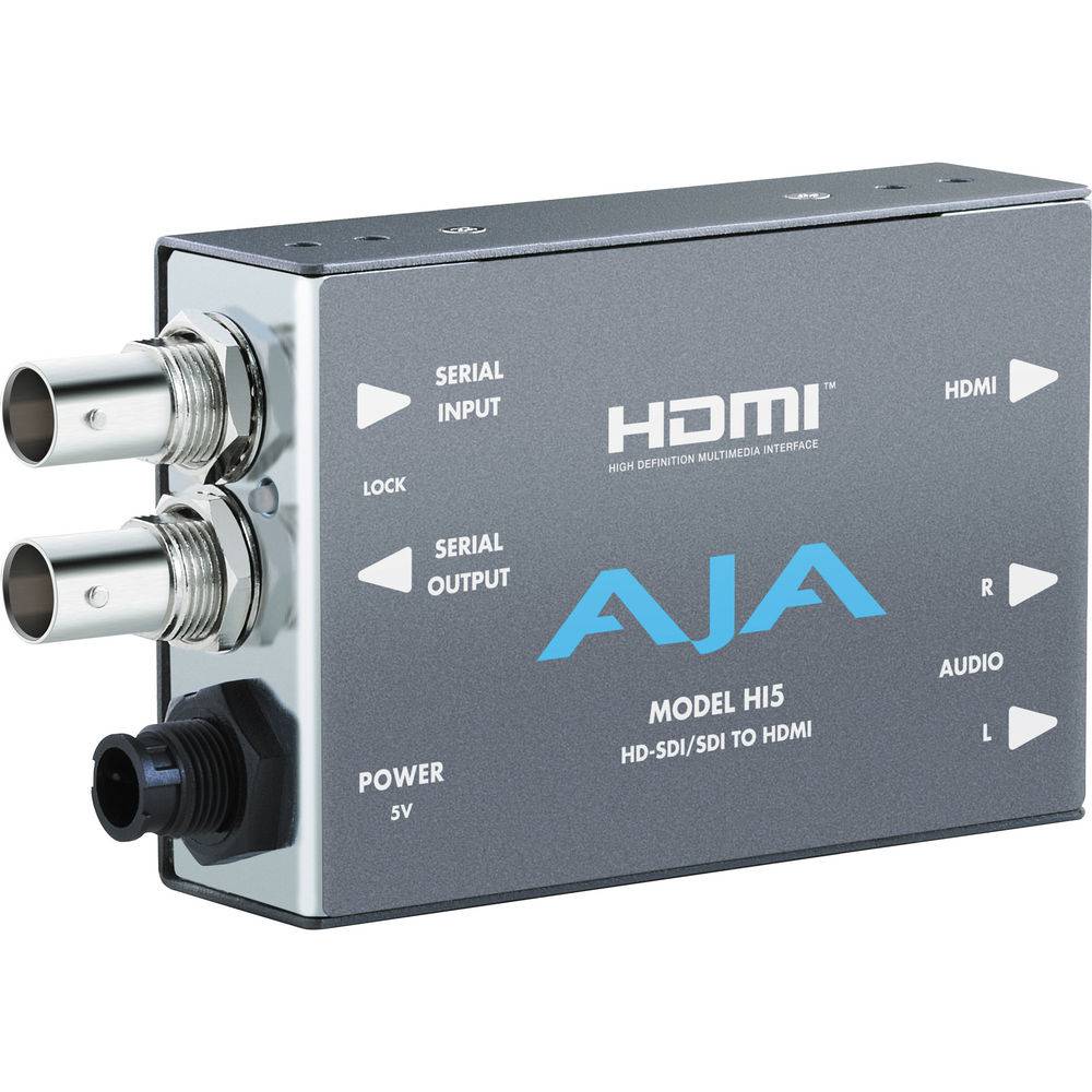 AJA Hi5 HD-SDI to HDMI video and audio converter device connected to a monitor, showing high-definition video output. – image 1
