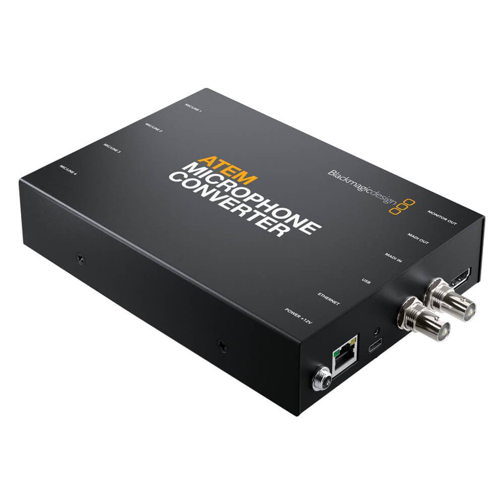 Blackmagic Design ATEM Microphone Converter video switcher device with input and output ports, black compact design. – image 1