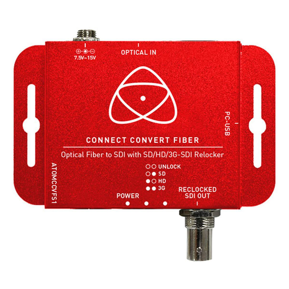 Atomos Connect Convert LC fiber to SDI video converter showing its compact design and fiber optic input and SDI output ports. – image 1