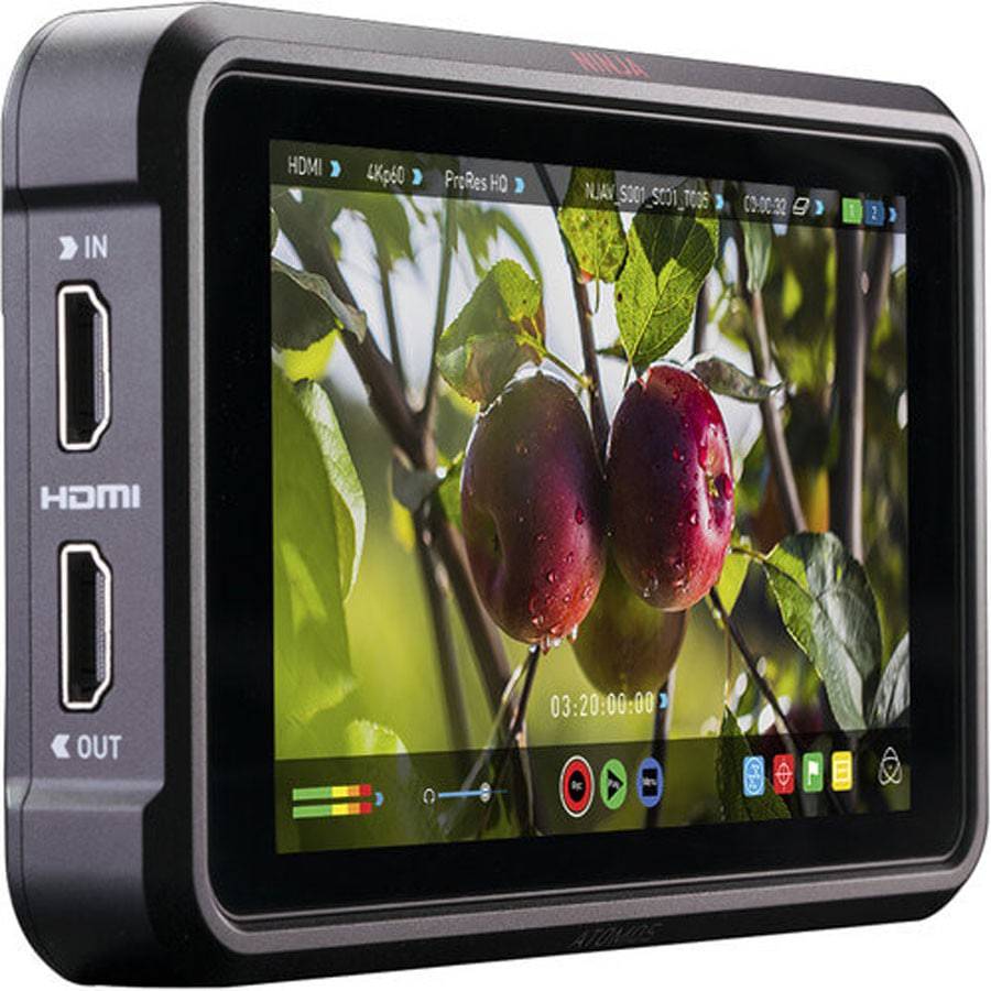 Atomos Ninja V 5-inch 4K HDMI portable monitor and recorder on camera setup showing screen and buttons. – image 1