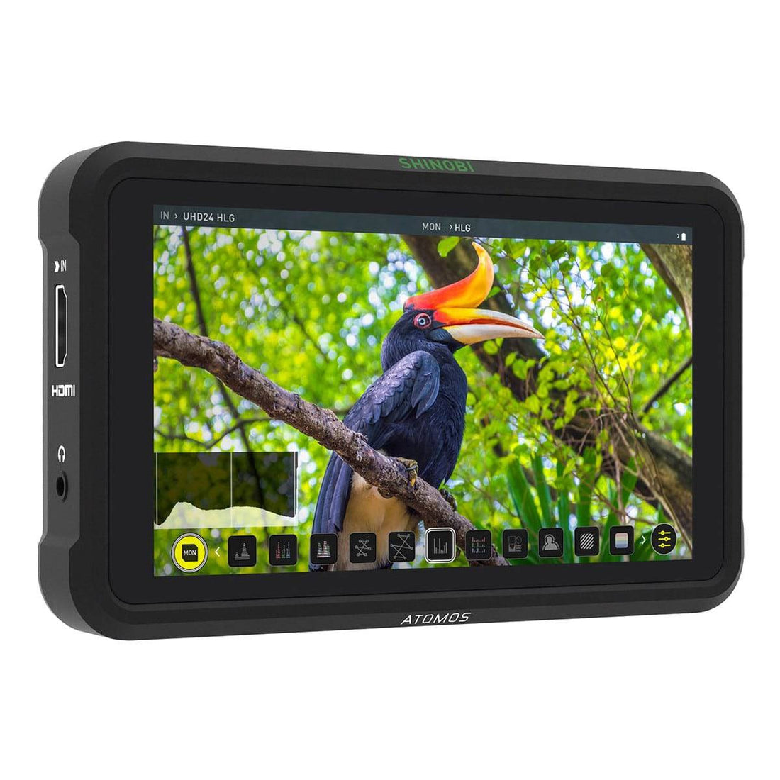 Side view of Atomos Shinobi 5-inch 4K HDMI video monitor showing screen and side controls – image 2