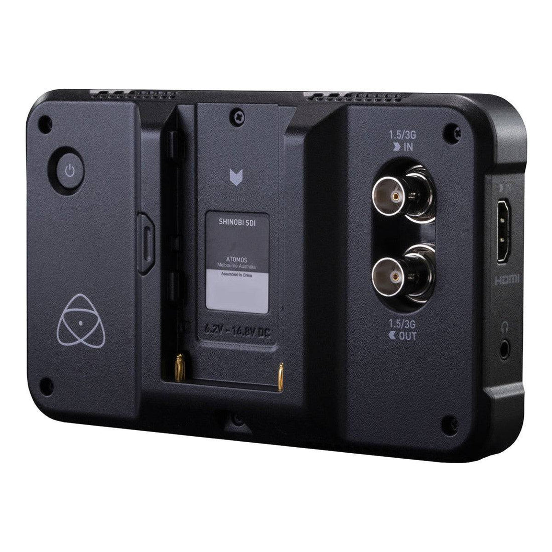 Back view of Atomos Shinobi SDI 5-inch 3G-SDI and 4K HDMI on-camera monitor showing connection ports and screen display – image 2