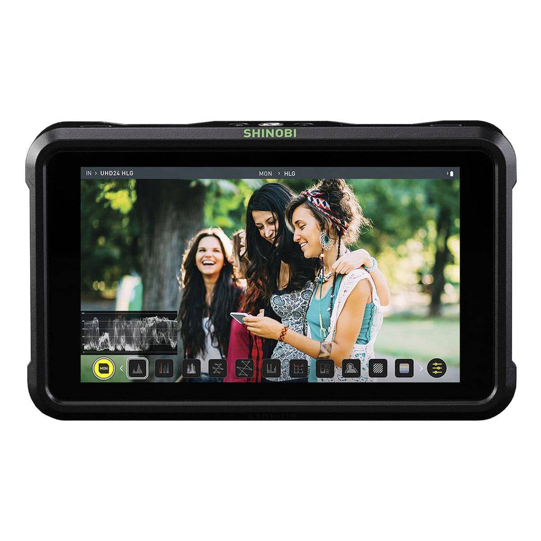 Front view of Atomos Shinobi SDI 5-inch 3G-SDI and 4K HDMI on-camera monitor showing screen and controls. – image 1