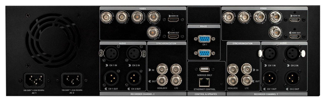 Back view of Atomos Shogun Studio 2 rackmount 4K dual recorder and monitor showing input ports and control panel. – image 2