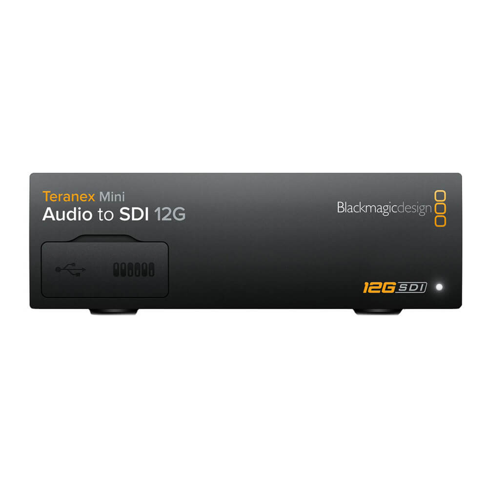 Blackmagic Design Teranex Mini Audio to SDI 12G Converter front view, compact video converter with audio and SDI connection ports. – image 2