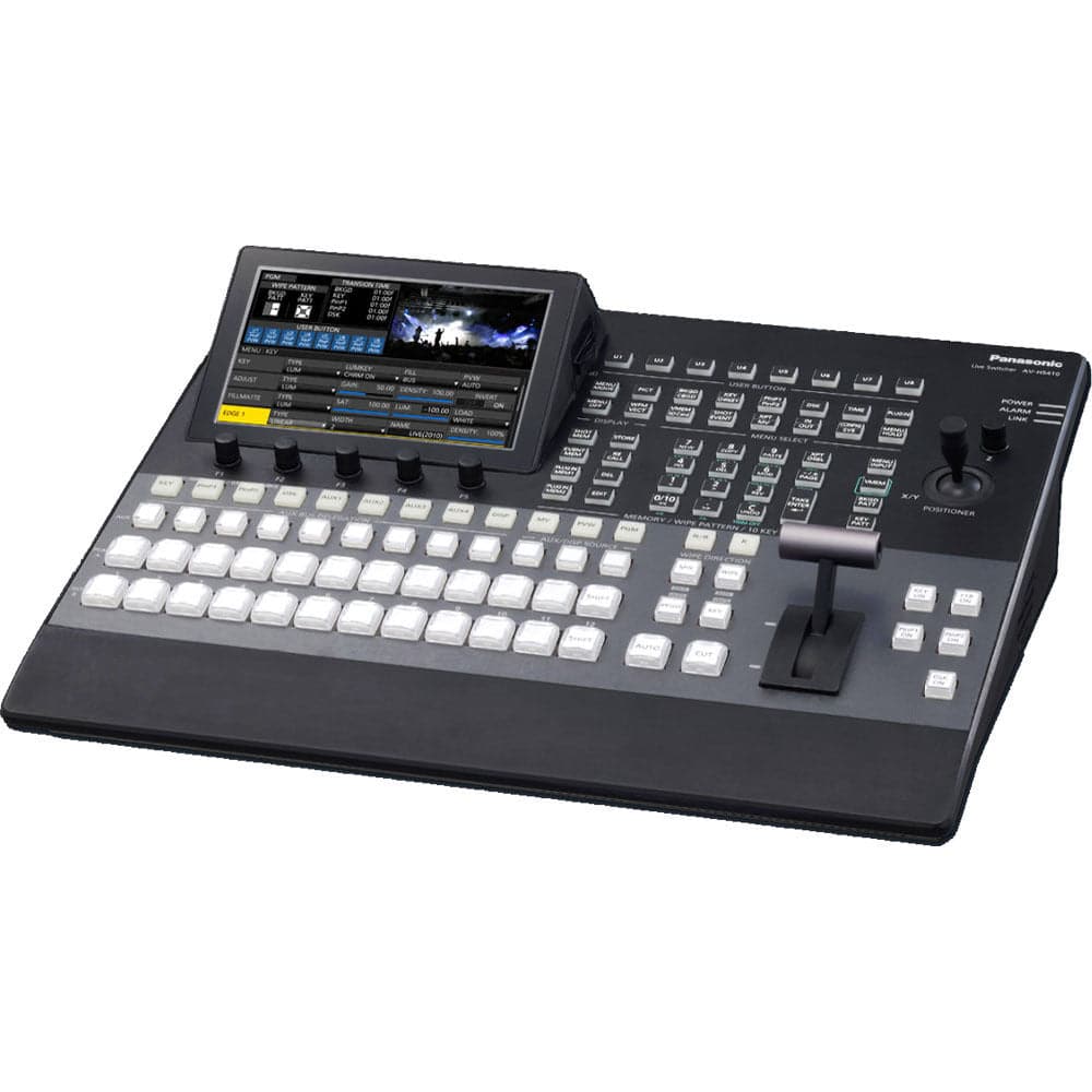 Panasonic AV-HS410 HD/SD multi-format live video switcher with multiple input ports and control panel for professional broadcasting. – image 1