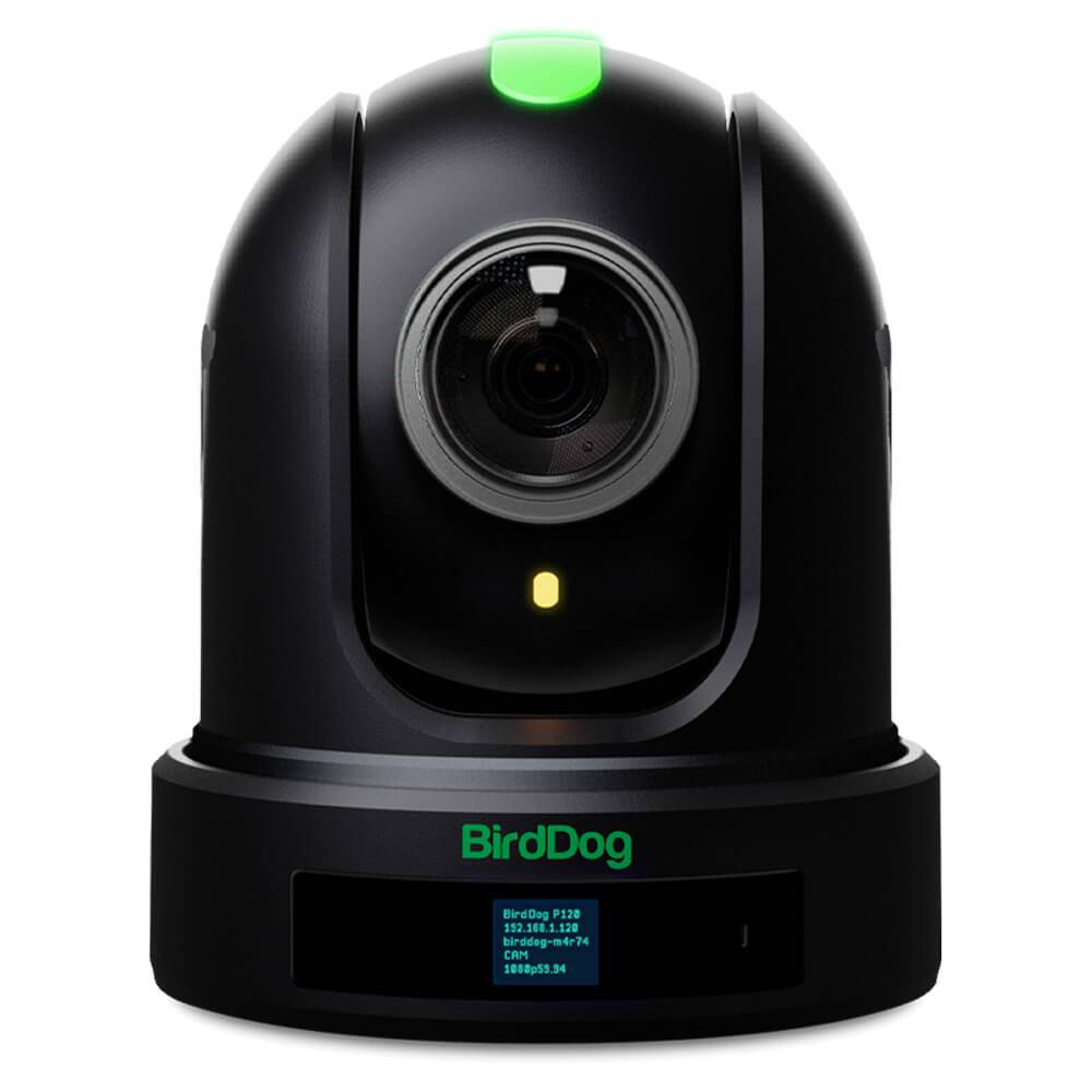 Black BirdDog P110 10x Full NDI PTZ camera with adjustable lens and control panel, designed for professional video streaming. – image 1
