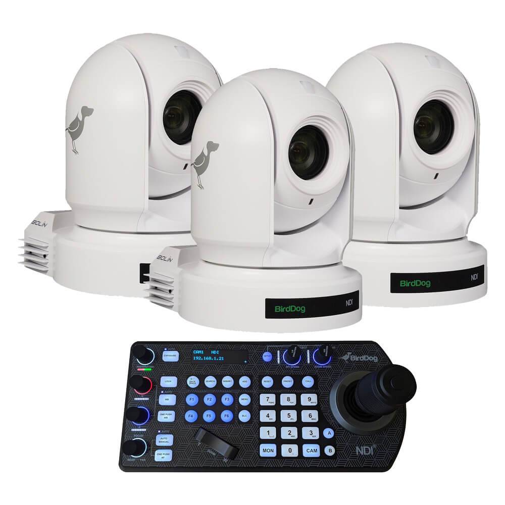White BirdDog 3x P200 NDI PTZ cameras bundle with controller, showcasing the sleek PTZ cameras and cabling setup. – image 1