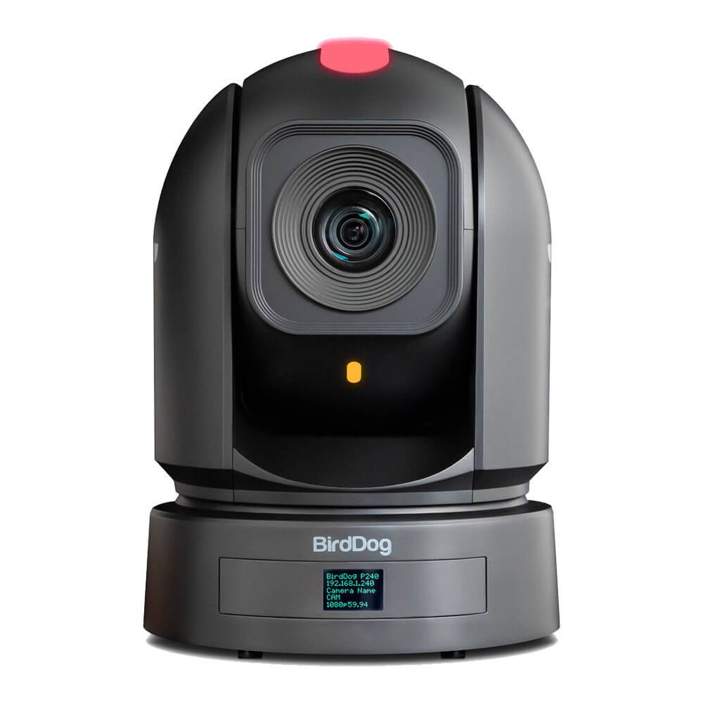 BirdDog 3x P240 PTZ cameras in black with PTZ cables and NETGEAR GSM4212UX switch bundle, front view showing camera lenses and connections. – image 2