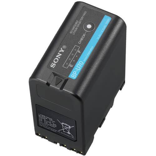 Sony BP-U70 lithium-ion battery for video cameras, 14.4V, 72Wh, showing the battery's front view with labels and connectors. – image 1