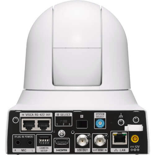 Sony BRC-X400 4K PTZ camera with HDMI, IP, and 3G-SDI output, shown from the back in white. – image 3