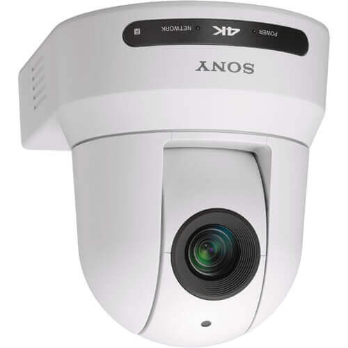 Sony BRC-X400 4K PTZ camera in white showing side and bottom view with HDMI, IP, and 3G-SDI output ports. – image 2