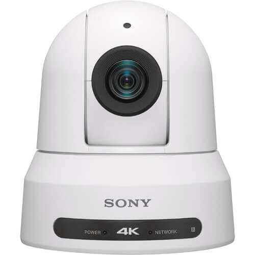 Sony BRC-X400 4K PTZ camera in white with HDMI, IP, and 3G-SDI output, featuring a professional zoom lens and camera controls. – image 1