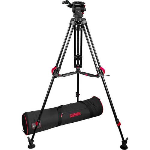 Cartoni Focus 8 fluid head with red lock tripod system for video cameras, featuring 75mm bowl mount and professional stability. – image 1
