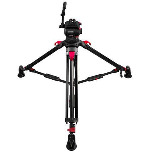 Cartoni Focus 8 fluid head with red lock on 75mm tripod system for video cameras, shown with adjustable pan and tilt handles. – image 4