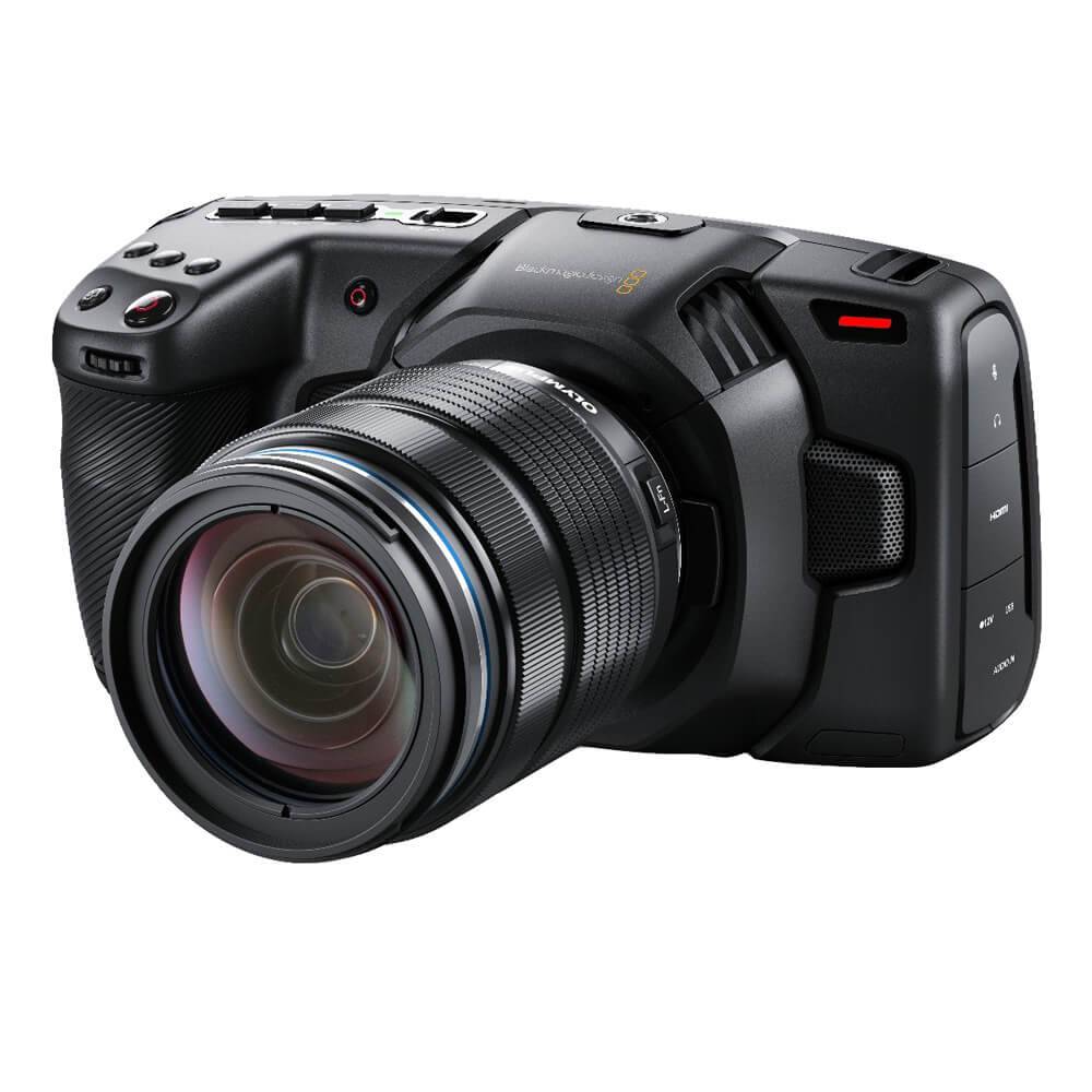 Blackmagic Design Pocket Cinema Camera 4K with MFT lens showing front view and camera controls. – image 6