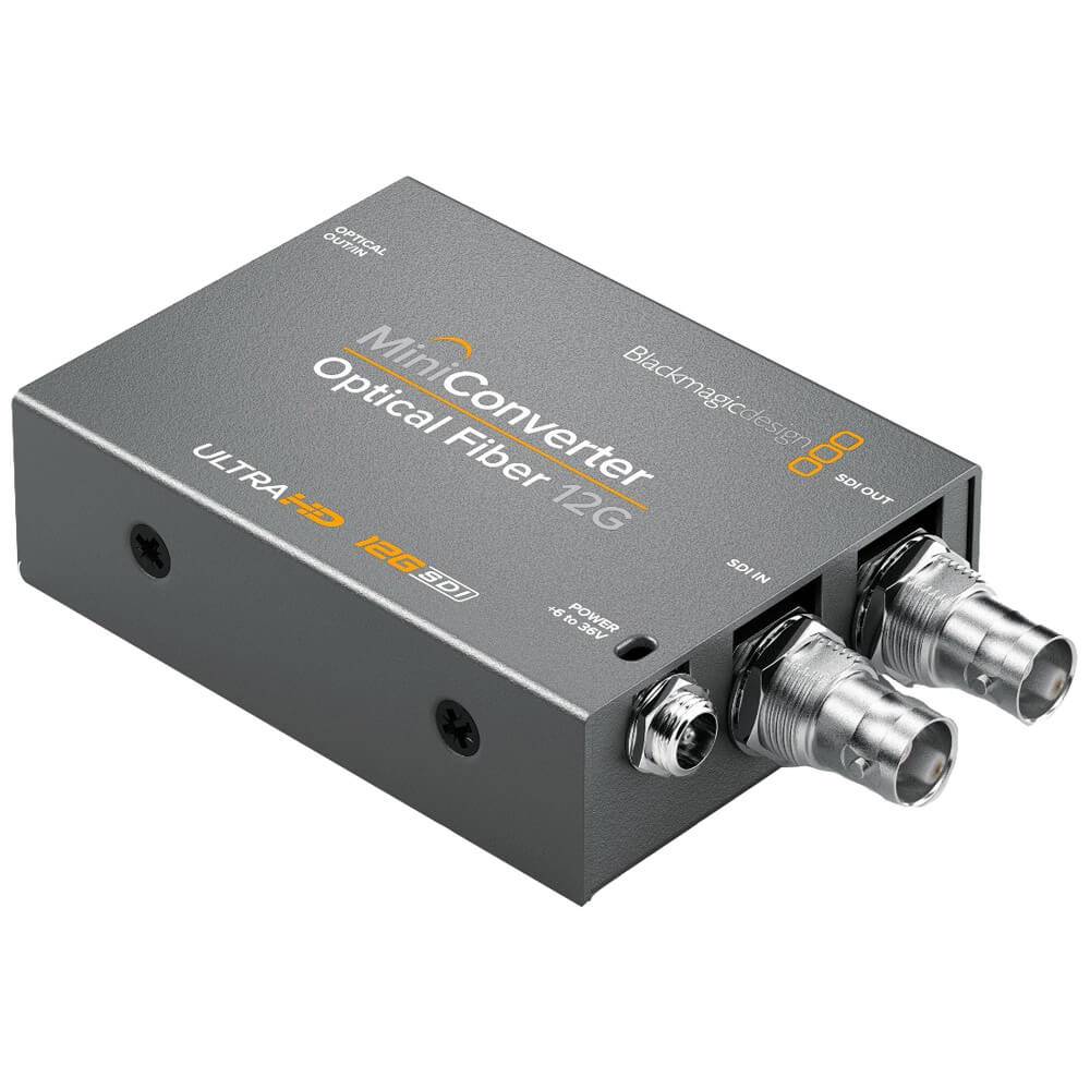 Blackmagic Design Mini Converter Optical Fiber 12G showing front view with fiber optic connections and compact metal housing. – image 1