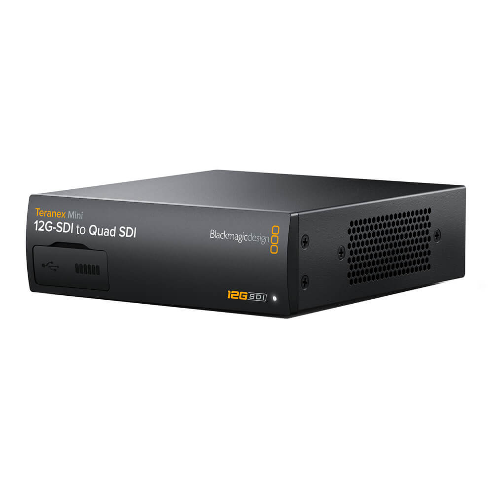 Blackmagic Design Teranex Mini 12G-SDI to Quad SDI video converter showing front panel and SDI ports. – image 1
