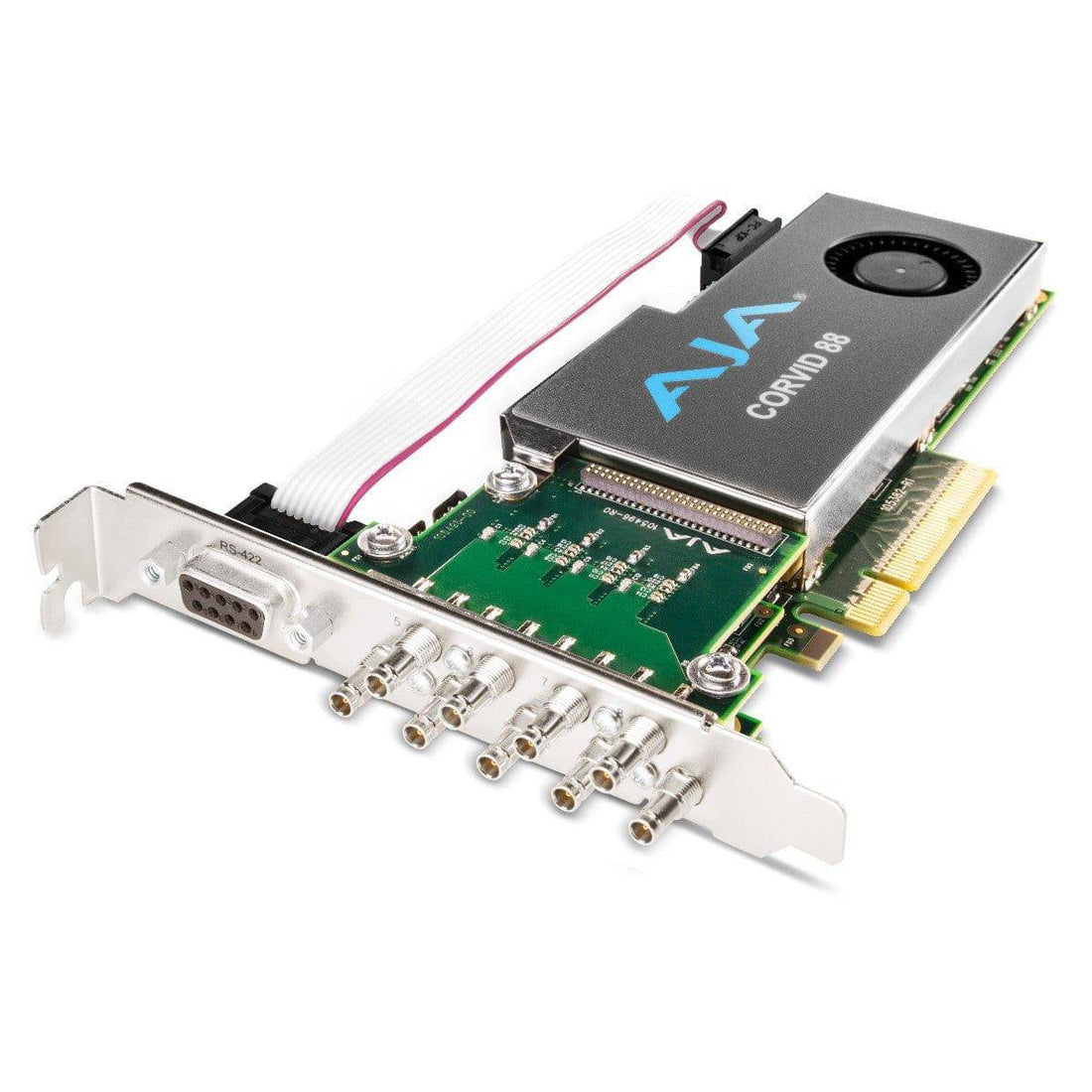 AJA Corvid 88 8-channel 3G-SDI I/O video capture card with tall bracket and fan, shown with connected cables. – image 1